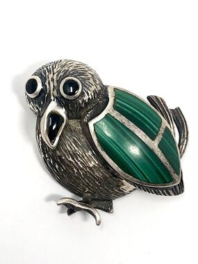 Vintage mid-century sterling silver, malachite and onyx bird pin / brooch